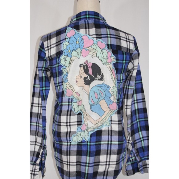 Upcycled Flannel Snow White Shirt Women's XS Button Up Plaid Bleached Distressed - Picture 3 of 10